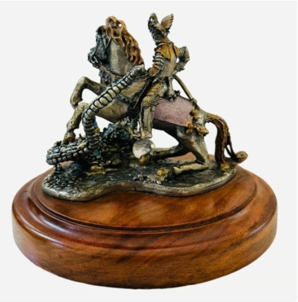 Vintage St. George Fighting the Dragon Bronze Statue Warrior Figurine Wood Base - Picture 9 of 11